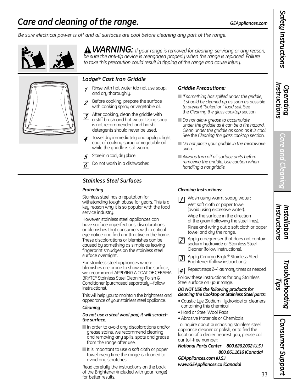 Griddle, Stainless steel surfaces, Care and cleaning of the range | Warning | Panasonic VA-20861 User Manual | Page 33 / 56