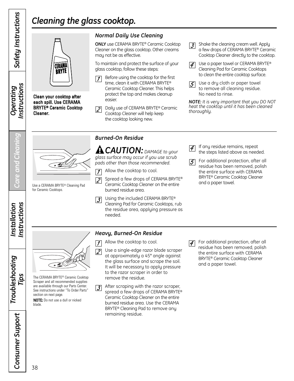 Glass cooktop surface, Glass cooktop surface , 39, Cleaning the glass cooktop | Caution | Panasonic VA-20861 User Manual | Page 38 / 56