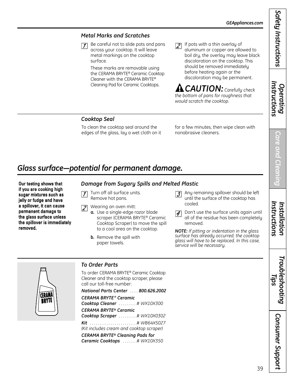 Caution, Glass surface—potential for permanent damage | Panasonic VA-20861 User Manual | Page 39 / 56