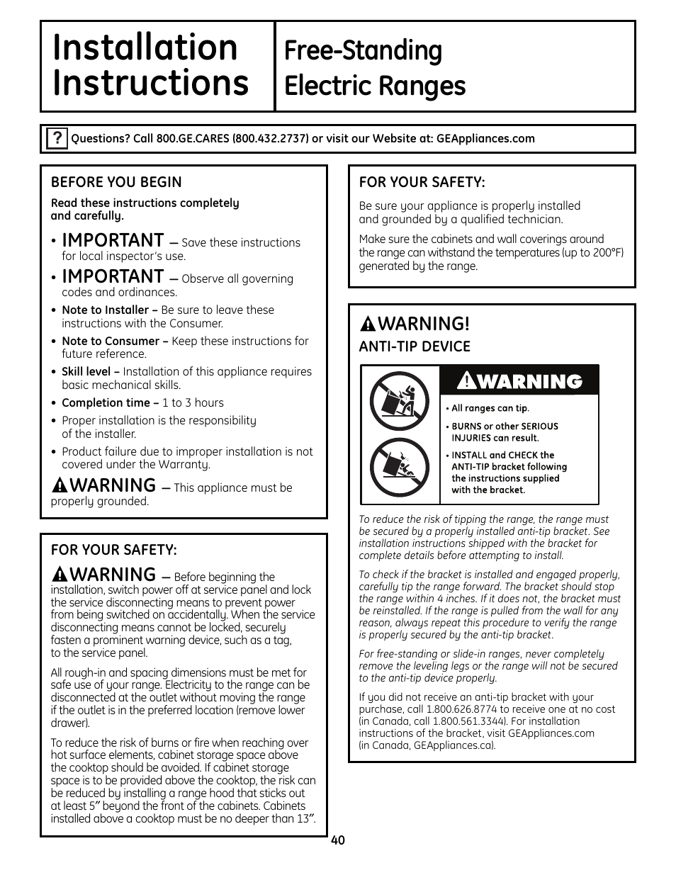 Installation instructions, Anti-tip device, Safety instructions | Anti-tip device , 46, Installation, Instructions, Free-standing, Electric ranges, Warning, Important | Panasonic VA-20861 User Manual | Page 40 / 56