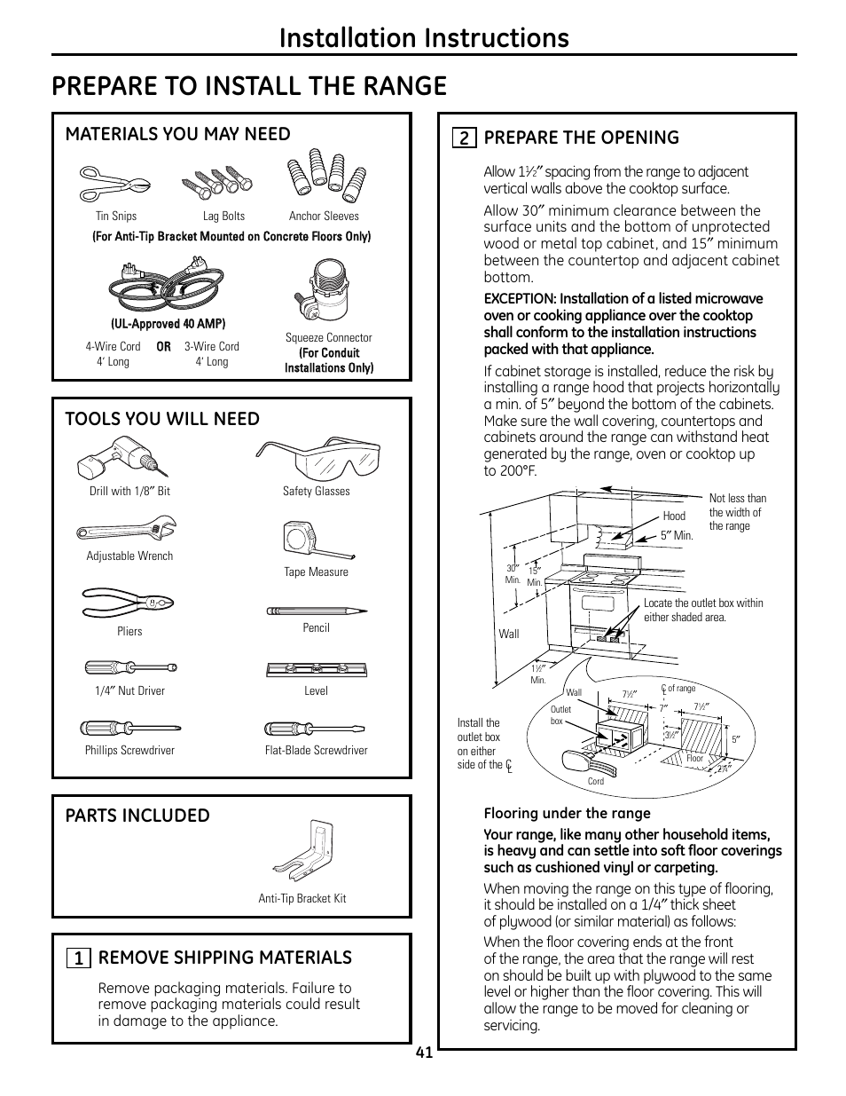 Dimensions and clearances, Location guidelines, Parts included | Tools you will need materials you may need, Remove shipping materials, 1prepare the opening, Allow 1 | Panasonic VA-20861 User Manual | Page 41 / 56