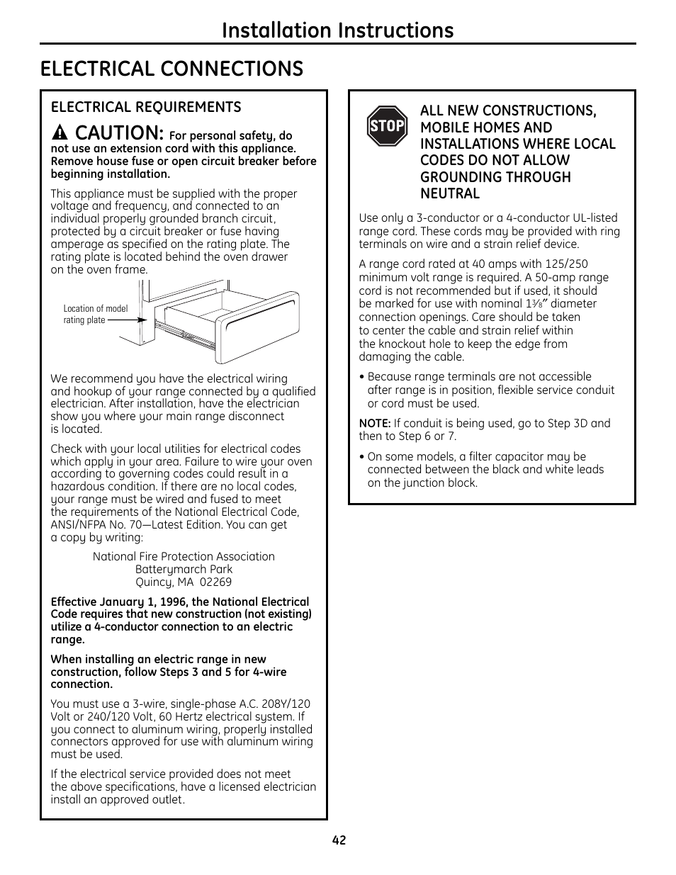 Electrical connections, Electrical connections –45, Installation instructions electrical connections | Caution | Panasonic VA-20861 User Manual | Page 42 / 56