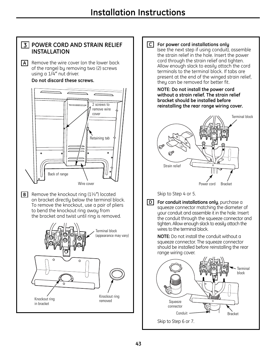 Installation instructions, Power cord and strain relief installation | Panasonic VA-20861 User Manual | Page 43 / 56