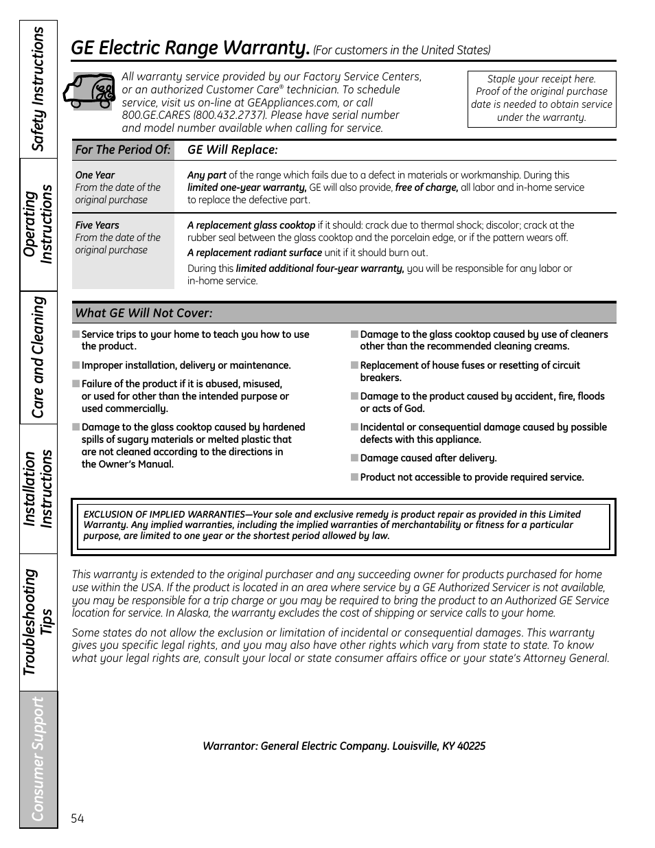 Warranty for customers in the u.s.a, Ge electric range warranty | Panasonic VA-20861 User Manual | Page 54 / 56