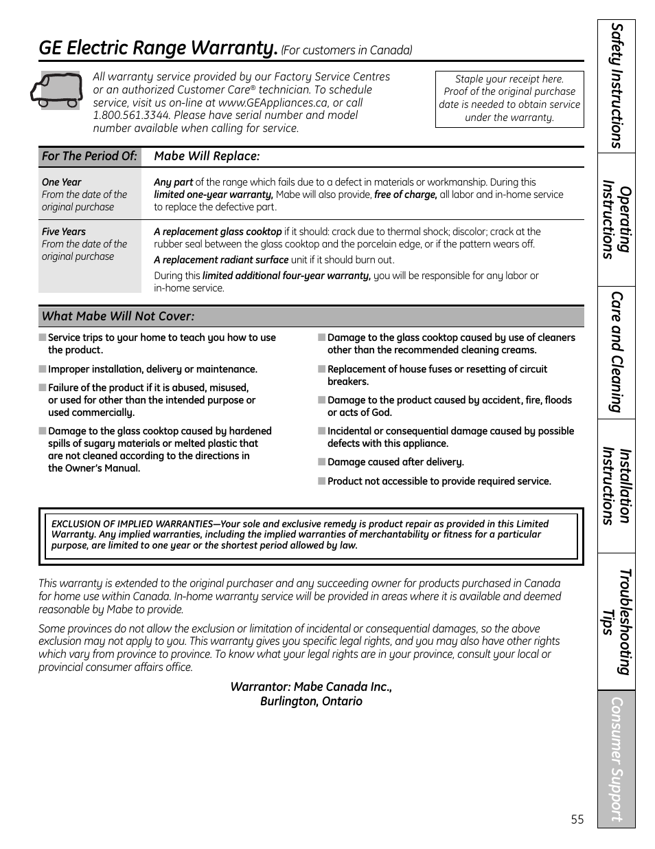 Warranty for customers in canada, Ge electric range warranty | Panasonic VA-20861 User Manual | Page 55 / 56
