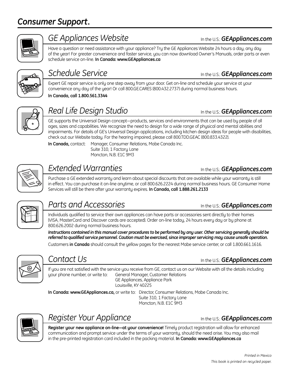 Consumer support, Consumer support. ge appliances website, Schedule service | Real life design studio, Extended warranties, Parts and accessories, Contact us, Register your appliance | Panasonic VA-20861 User Manual | Page 56 / 56