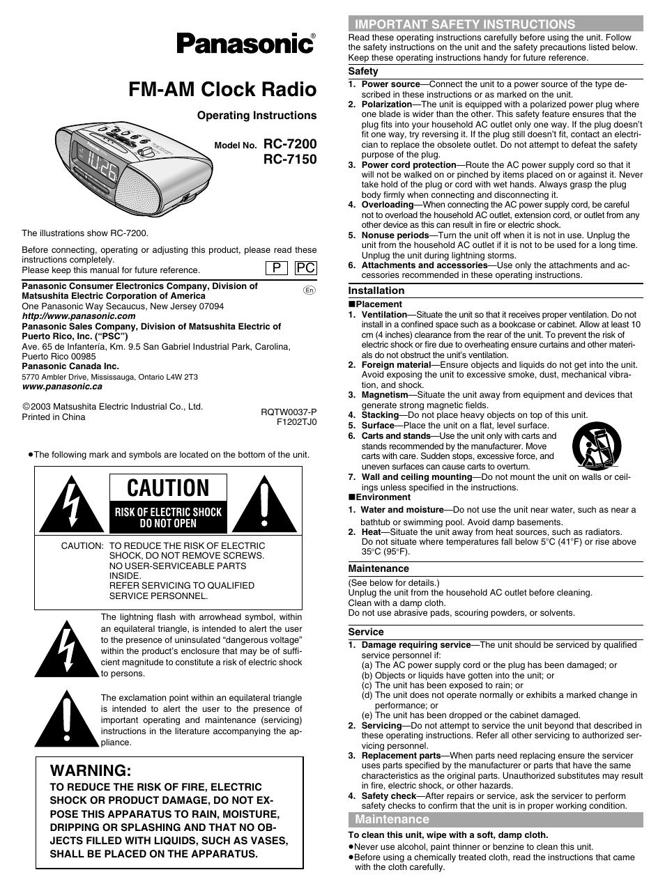 Panasonic RC-7150 User Manual | 4 pages