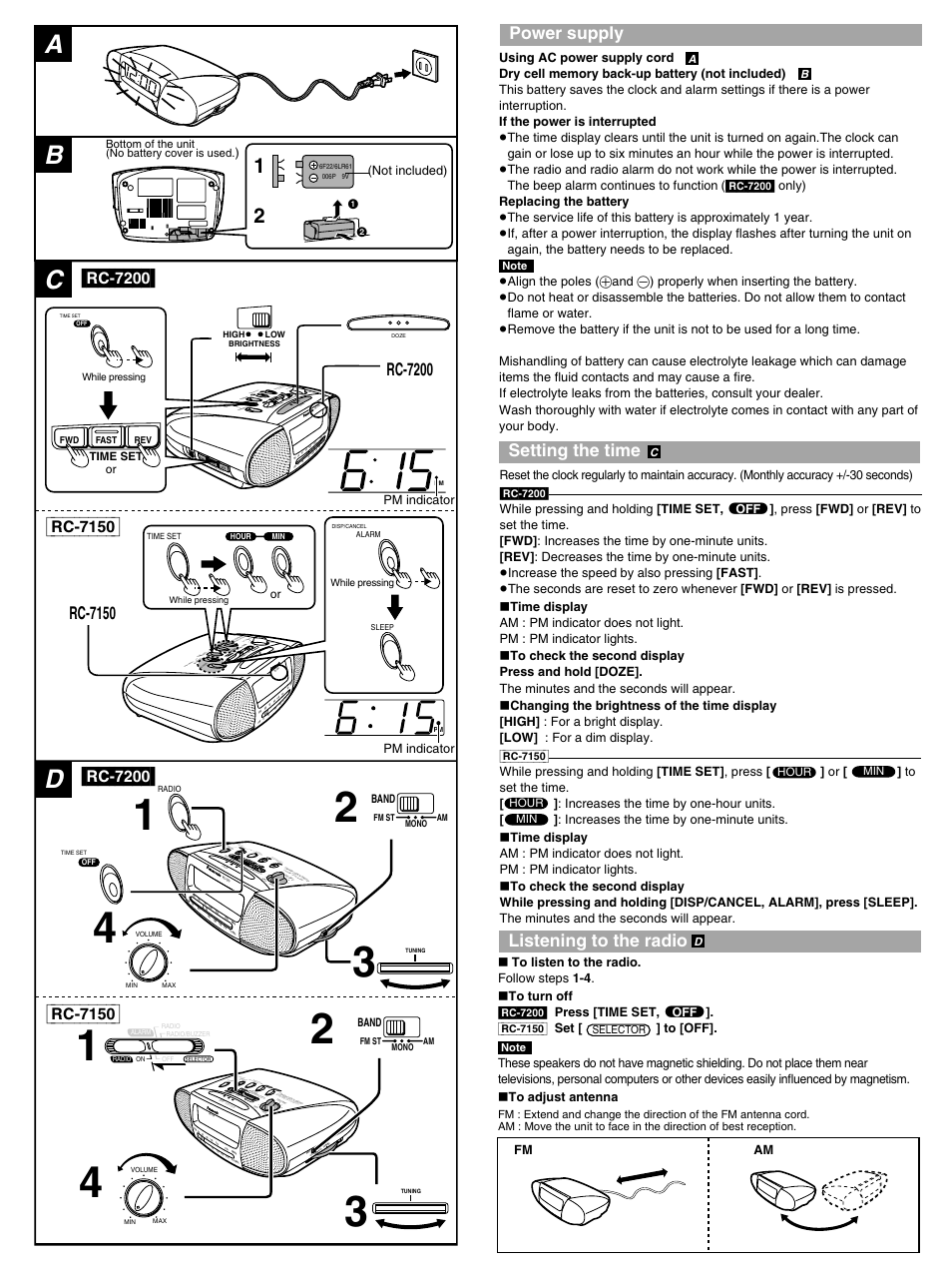 Power supply, Setting the time, Listening to the radio | Ala rm / s ure a larm, Hig h lo w, Br ightn es s, Sle ep c anc el, Tim e s et, Sl ee p c an ce l, Pm indicator | Panasonic RC-7150 User Manual | Page 3 / 4