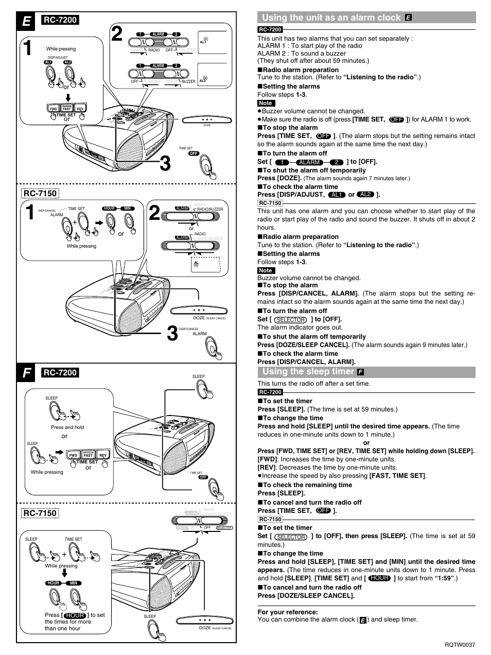 Ala rm / s ure a larm, Sleep cancel, The alarm sounds again 7 minutes later.) | Selector al2 al1 1 alarm 2, Ehour selector, Ef rqtw0037 | Panasonic RC-7150 User Manual | Page 4 / 4