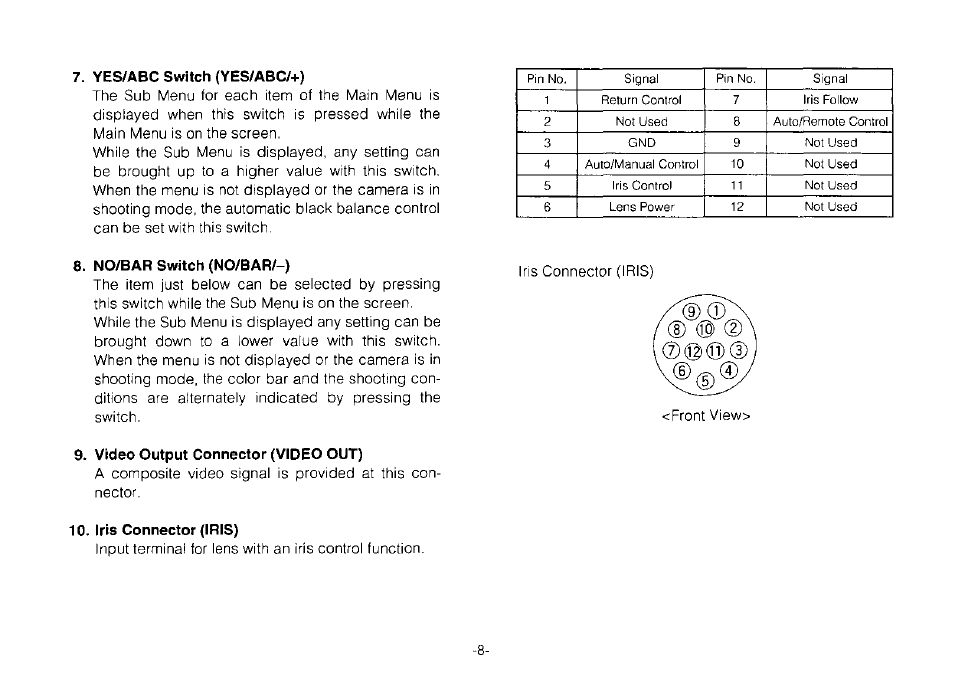 Yes/abc switch (yes/abc/+), No/bar switch (no/bar/-), Video output connector (video out) | Iris connector (iris), Front view | Panasonic Convertible Camera AW-E800 User Manual | Page 10 / 56