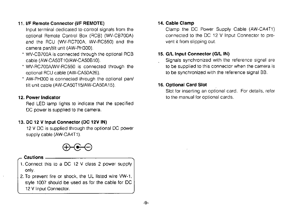 1/f remote connector (l/f remote), Power indicator, Cable clamp | G/l input connector (g/l in), Optional card slot, Dc 12 v input connector (dc 12v in), Cautions | Panasonic Convertible Camera AW-E800 User Manual | Page 11 / 56