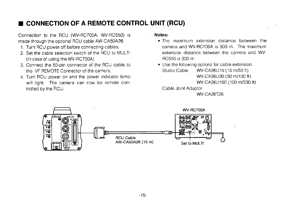 Notes, Connection of a remote control unit (rcu) | Panasonic Convertible Camera AW-E800 User Manual | Page 17 / 56