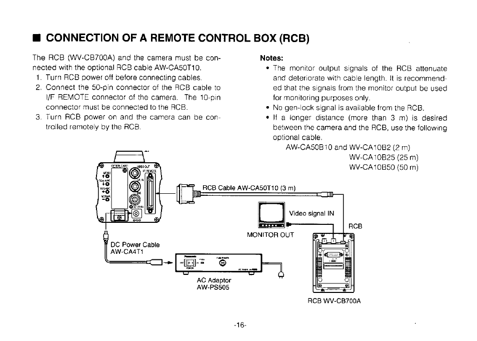 Notes, Connection of a remote control box (rcb) | Panasonic Convertible Camera AW-E800 User Manual | Page 18 / 56