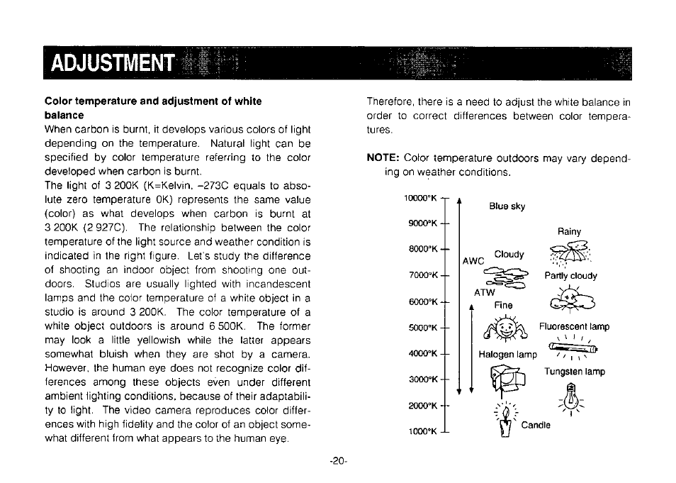 Adjustment, Color temperature and adjustment of white balance | Panasonic Convertible Camera AW-E800 User Manual | Page 22 / 56