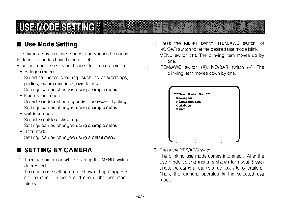 Use mode setting, Setting by camera | Panasonic Convertible Camera AW-E800 User Manual | Page 29 / 56