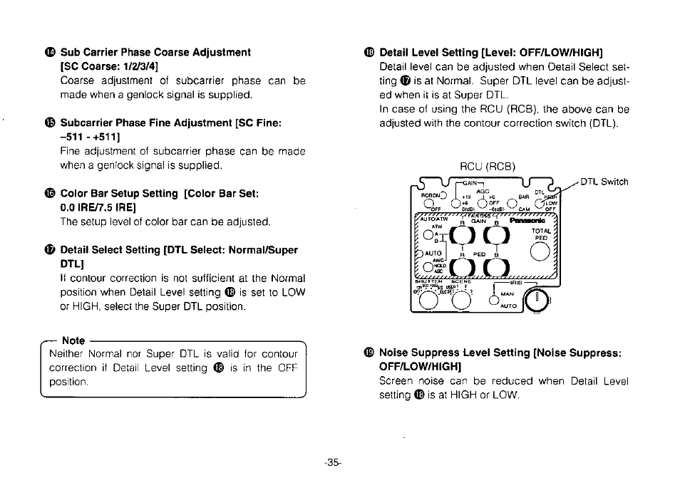 Ф color bar setup setting [color bar set, 0 ire/7.5 ire, Ф detail level setting [level: off/low/high | Note | Panasonic Convertible Camera AW-E800 User Manual | Page 37 / 56