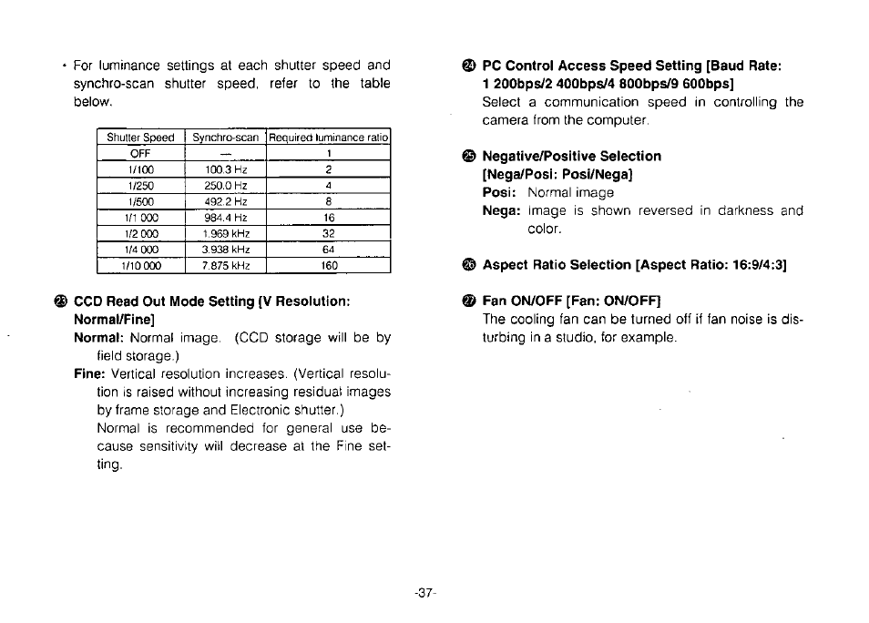 Ccd read out mode setting [v resolution, Pc control access speed setting [baud rate, 1 200bps/2 400bps/4 800bps/9 600bps | Negative/positive selection [nega/posi: posi/nega, Aspect ratio selection [aspect ratio: 16:9/4:3, Fan on/off [fan: on/off, Normal image, Image is shown reversed in darkness and color | Panasonic Convertible Camera AW-E800 User Manual | Page 39 / 56