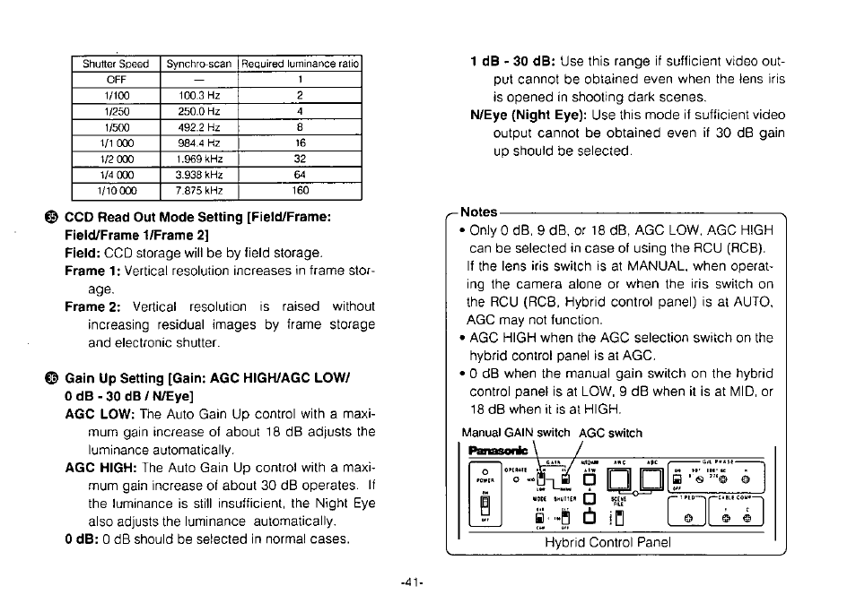 Ccd read out mode setting [field/frame, Gain up setting [gain: agc high/agc low, Notes | Panasonic Convertible Camera AW-E800 User Manual | Page 43 / 56