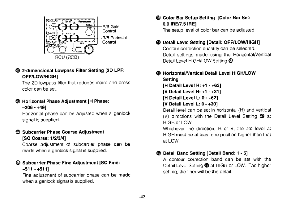 Ф horizontal phase adjustment [h phase, Ф subcarrier phase fine adjustment [sc fine, Ф color bar setup setting [color bar set | 0 ire^.s ire, Ф detail level setting [detail: off/low/high, Ф detail band setting [detail band: 1 - 5, Of'c | Panasonic Convertible Camera AW-E800 User Manual | Page 45 / 56