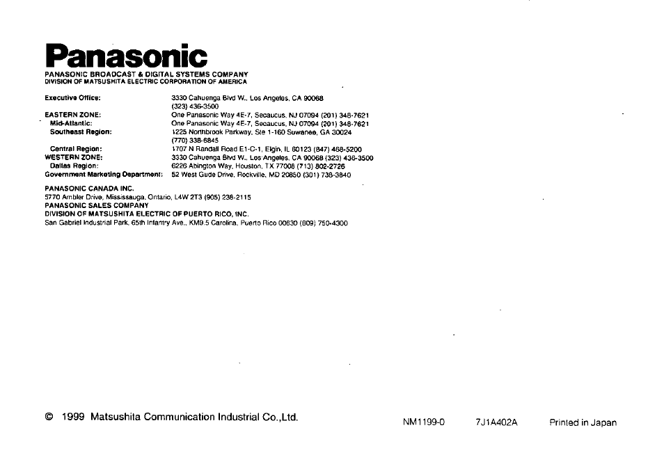 Panasonic, 1999 matsushita communication industrial co.,ltd | Panasonic Convertible Camera AW-E800 User Manual | Page 56 / 56