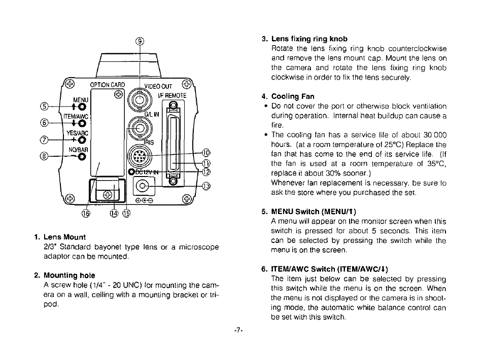 Lens mount, Mounting hole, Lens fixing ring knob | Cooling fan, Menu switch (menu/t), Item/awc switch (item/awc/1) | Panasonic Convertible Camera AW-E800 User Manual | Page 9 / 56