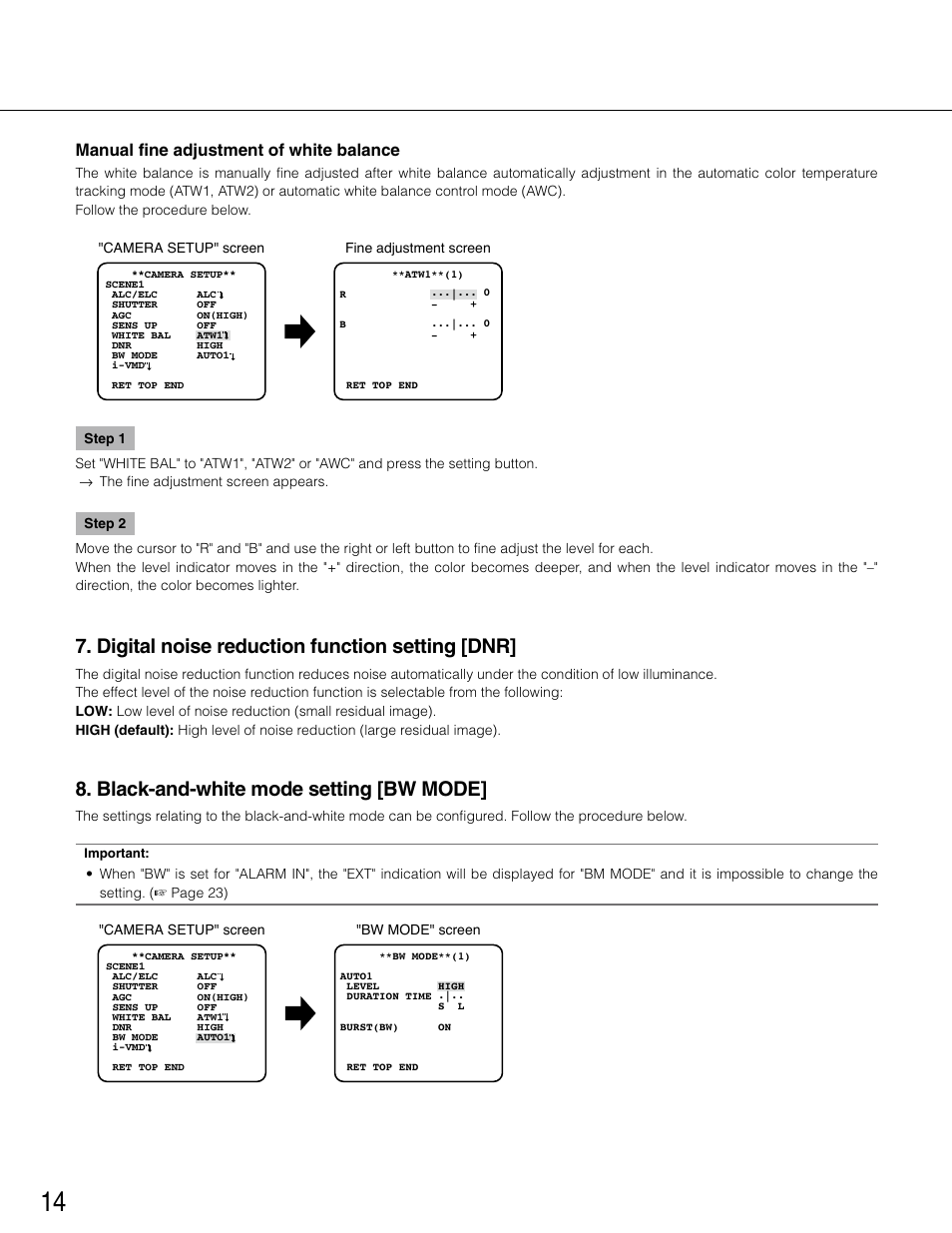 Manual fine adjustment of white balance, Digital noise reduction function setting [dnr, Black-and-white mode setting [bw mode | Panasonic WV-CP504 User Manual | Page 14 / 35