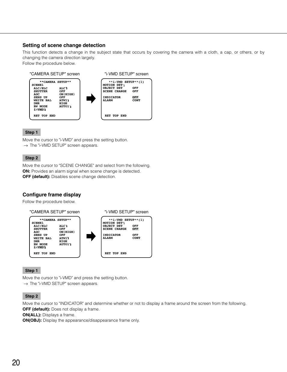 Setting of interference detection, Configure frame display, Setting of scene change detection | Panasonic WV-CP504 User Manual | Page 20 / 35