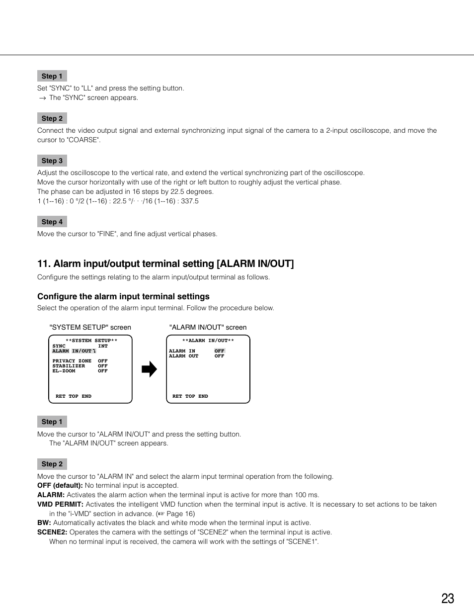 Alarm input/output terminal setting [alarm in/out, Configure the alarm input terminal settings | Panasonic WV-CP504 User Manual | Page 23 / 35