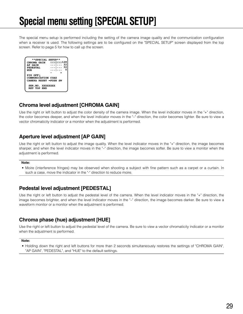 Special menu setting [special setup, Chroma level adjustment [chroma gain, Aperture level adjustment [ap gain | Pedestal level adjustment [pedestal, Chroma phase (hue) adjustment [hue | Panasonic WV-CP504 User Manual | Page 29 / 35