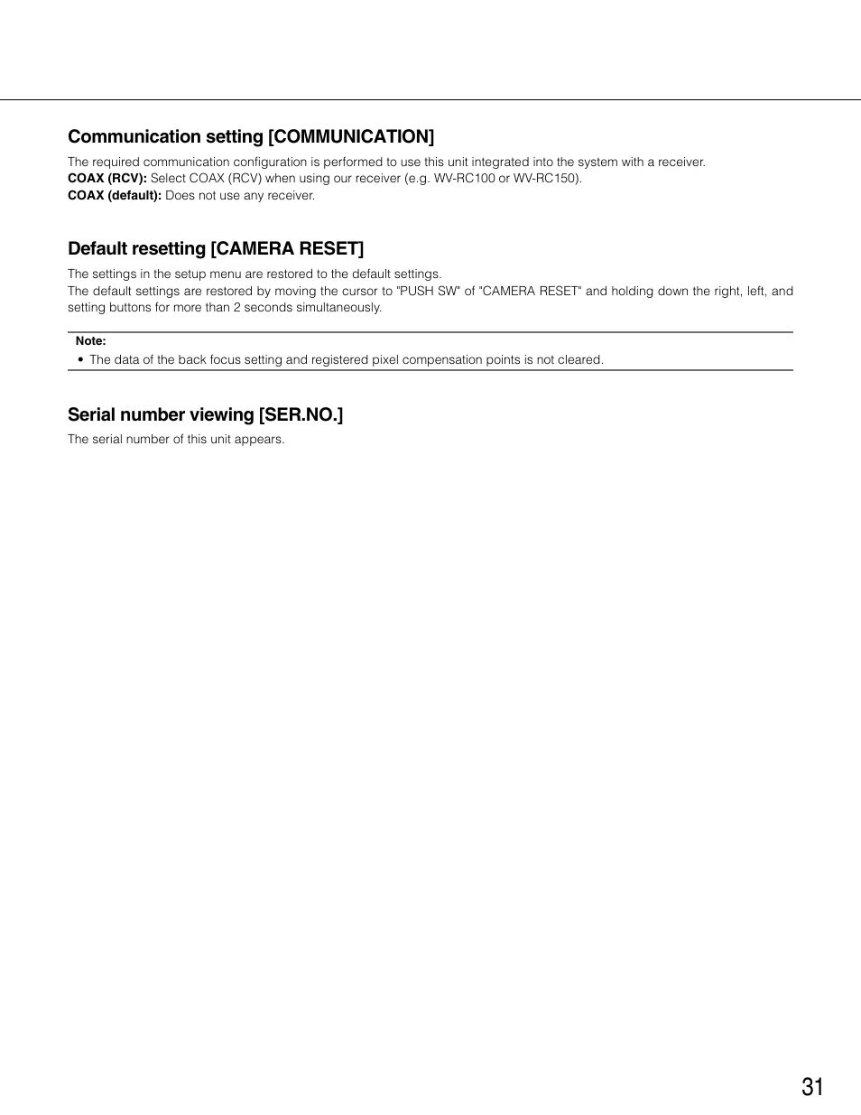 Communication setting [communication, Default resetting [camera reset, Serial number viewing [ser.no | Panasonic WV-CP504 User Manual | Page 31 / 35