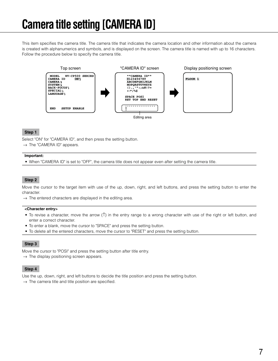 Camera title setting [camera id | Panasonic WV-CP504 User Manual | Page 7 / 35