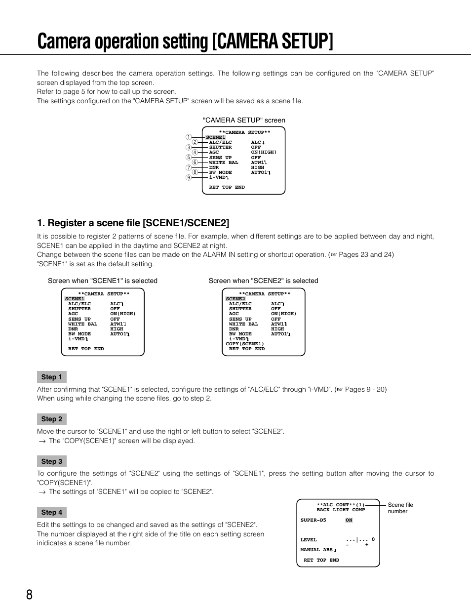 Camera operation setting [camera setup, Register a scene file [scene1/scene2 | Panasonic WV-CP504 User Manual | Page 8 / 35