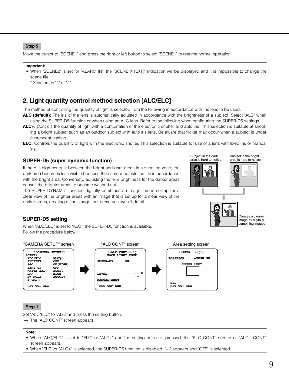 Light quantity control method selection [alc/elc, Super-d5 (super dynamic function, Super-d5 setting | Super-d5 (super dynamic function) | Panasonic WV-CP504 User Manual | Page 9 / 35