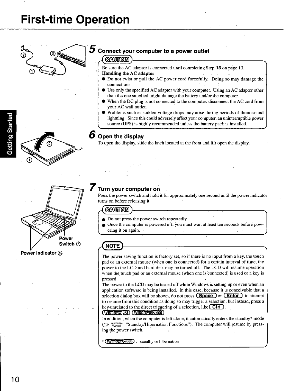 Connect your computer to a power outlet, Open the display, Turn your computer on | First-time operation | Panasonic TOUGHBOOK CF-48 User Manual | Page 10 / 36