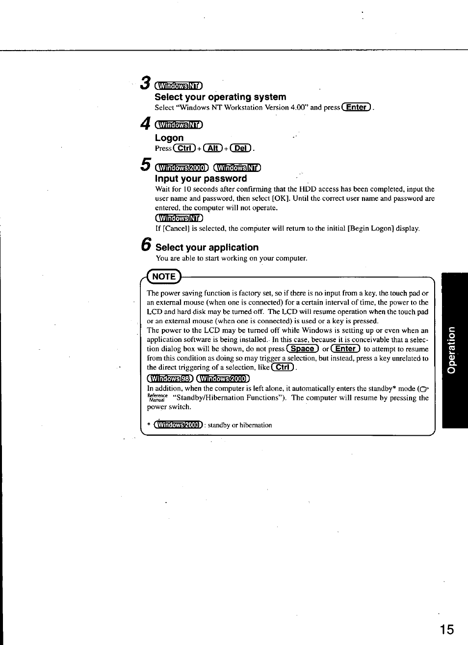 Select your operating system, Twindowsint, Logon | Input your password, Iwindowsintp, Select your application | Panasonic TOUGHBOOK CF-48 User Manual | Page 15 / 36