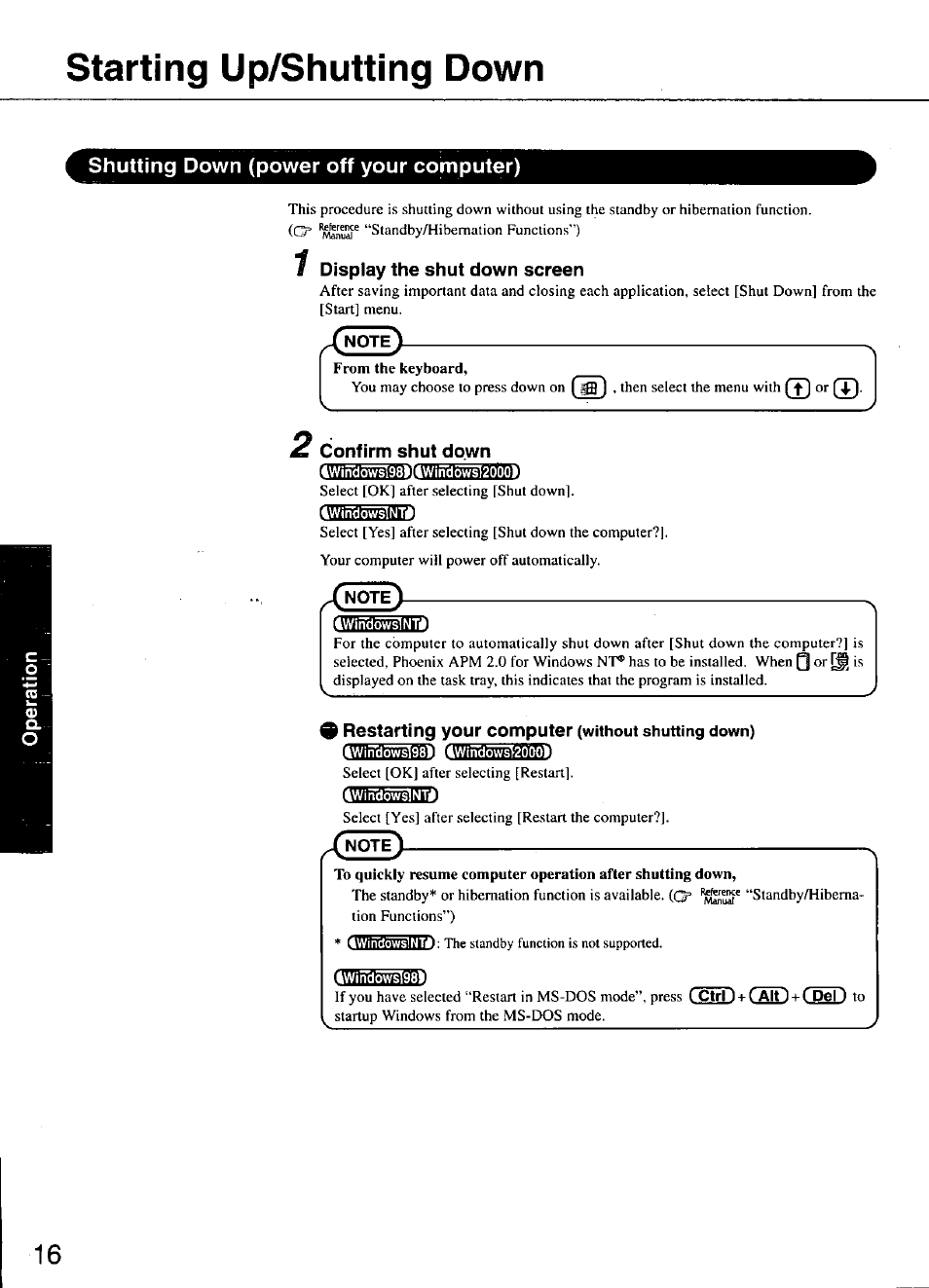 Shutting down (power off your computer), 1 display the shut down screen, Confirm shut down | 9 restarting your computer (without shutting down), Windowsl98l, Starting up/shutting down | Panasonic TOUGHBOOK CF-48 User Manual | Page 16 / 36