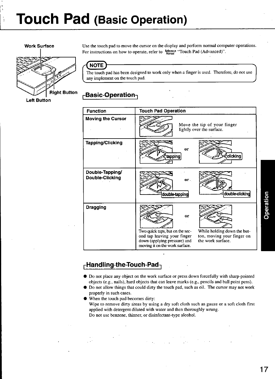 Basic-qperation, Function, Tapping/ciicking | Double-tapping, Dragging, Touch pad operation, Phandling-thetouch-pad-j, Touch pad, Basic operation) | Panasonic TOUGHBOOK CF-48 User Manual | Page 17 / 36