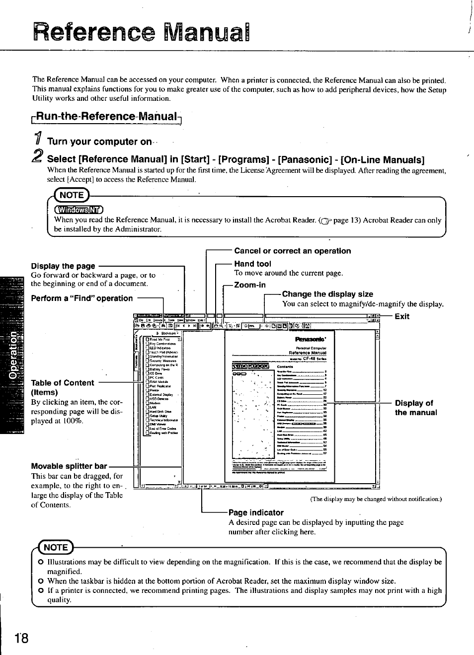 I-run-the-reference4viahual, Turn your computer on, Twindow^nti | Perform a “find” operation, Table of content, Items), Movable splitter bar, Cancel or correct an operation hand tool, Zoom-in, Exit | Panasonic TOUGHBOOK CF-48 User Manual | Page 18 / 36