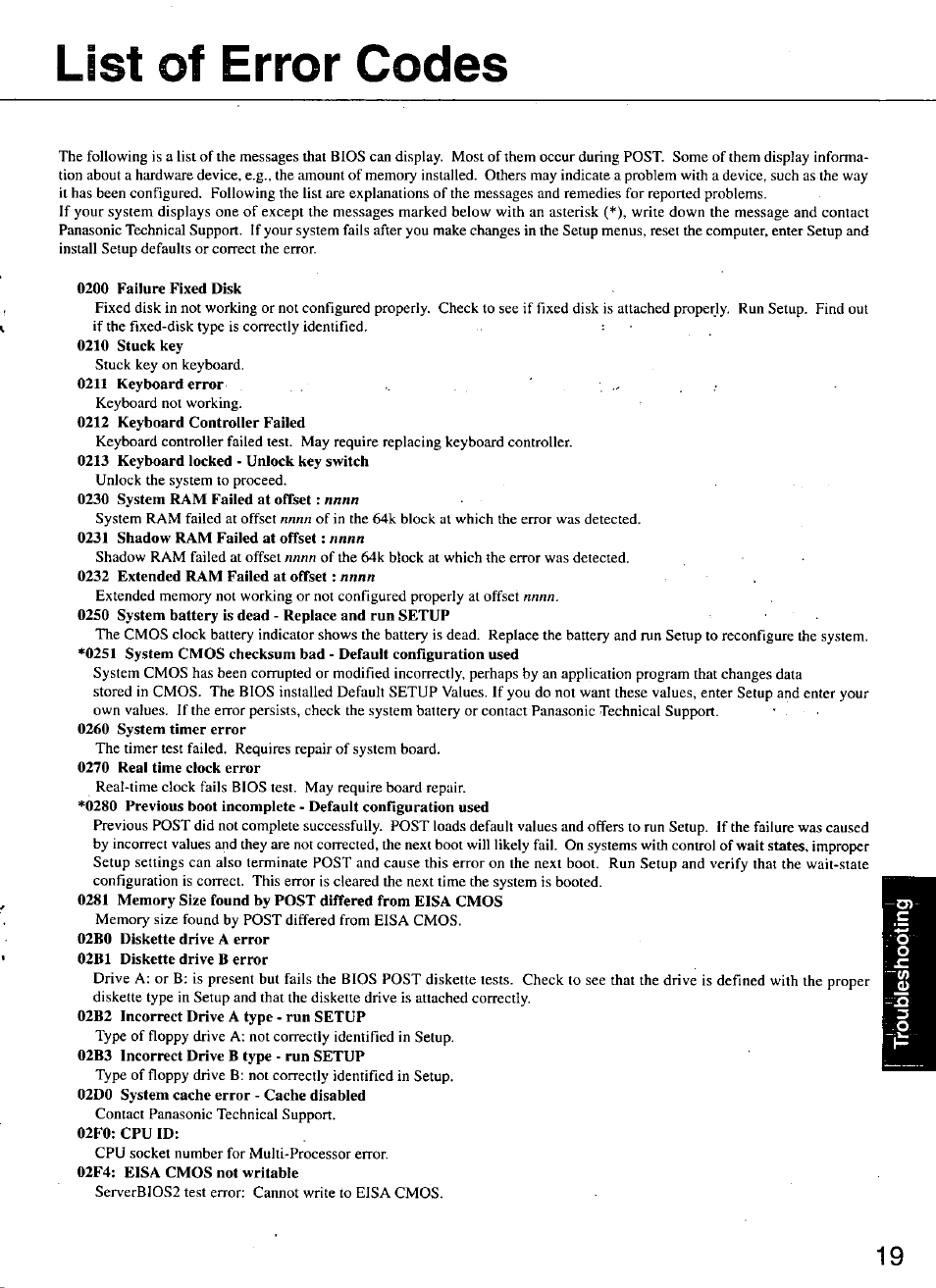 List of error codes, List or erra codes | Panasonic TOUGHBOOK CF-48 User Manual | Page 19 / 36