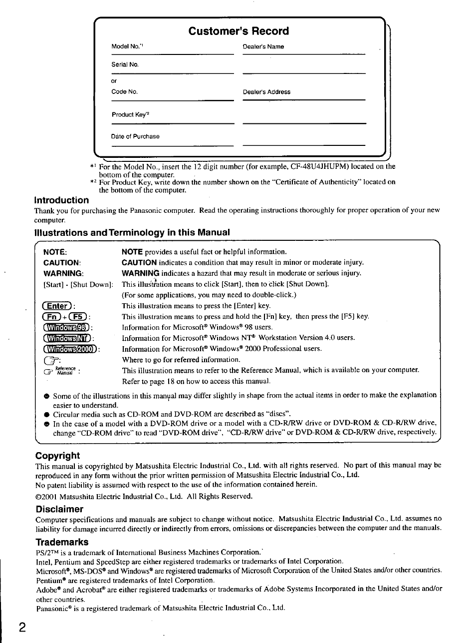 Introduction, Illustrations and terminology in this manual, Note | Caution, Warning, I enter ), 4wincl5ws[98i, 4wintlows]nti, Copyright, Disclaimer | Panasonic TOUGHBOOK CF-48 User Manual | Page 2 / 36