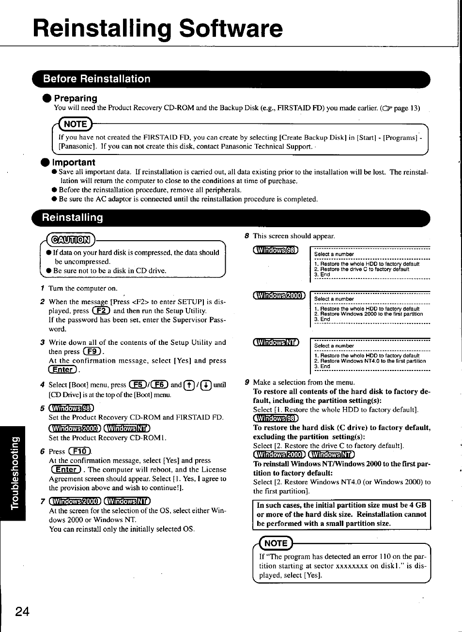 Reinstalling software, Before reinstallation, Preparing | Important, Reinstalling, 5(kbd, Iwi ndovi^2000luw i n dovi^ nté, 6 press c f1ó ), 4windöws}20001, 4windöwsl2000) | Panasonic TOUGHBOOK CF-48 User Manual | Page 24 / 36
