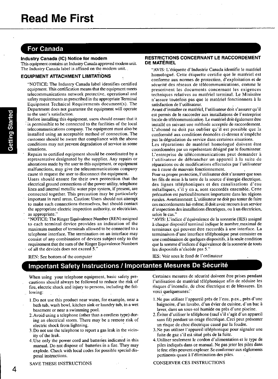 For canada, Industry canada (1c) notice for modem, Equipment attachment limitations | Read me first | Panasonic TOUGHBOOK CF-48 User Manual | Page 4 / 36