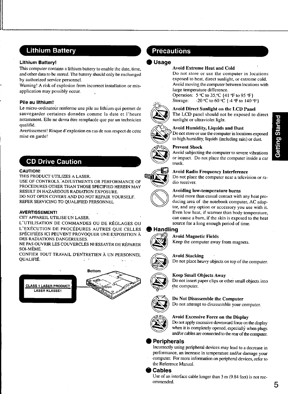 Lithium battery, Pile au lithium, Cd drive caution | Usage, Handling, Peripherals, Cables, Lithium battery precautions | Panasonic TOUGHBOOK CF-48 User Manual | Page 5 / 36