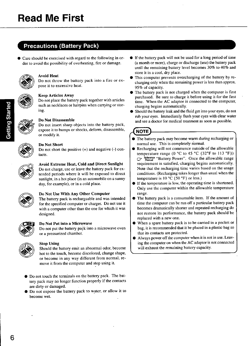 Precautions (battery pack), Read me first | Panasonic TOUGHBOOK CF-48 User Manual | Page 6 / 36