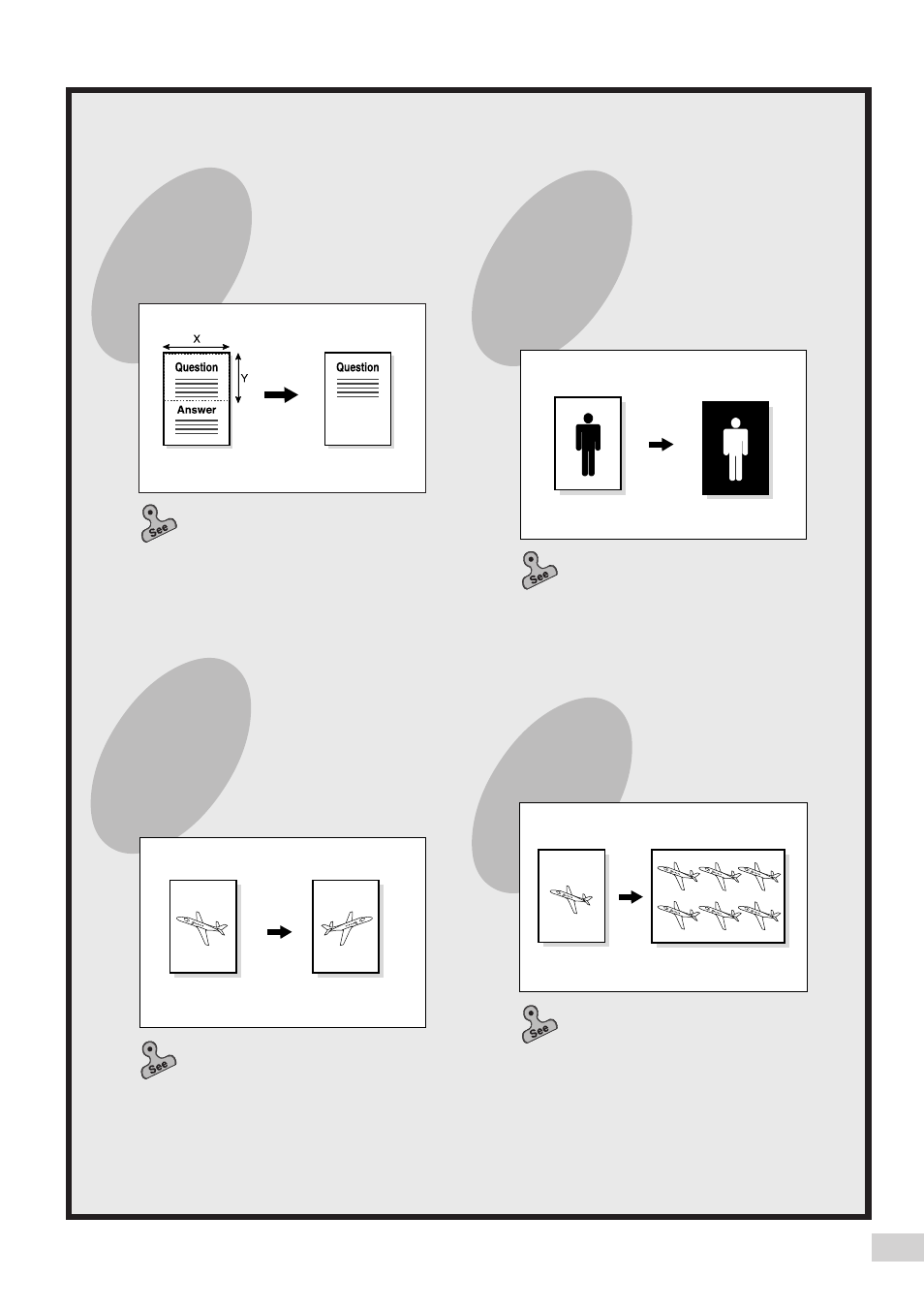 Creating a negative-type image, Repeating an image, Creating mirror images | Specifying the size of a document | Panasonic DP-7000 User Manual | Page 7 / 80