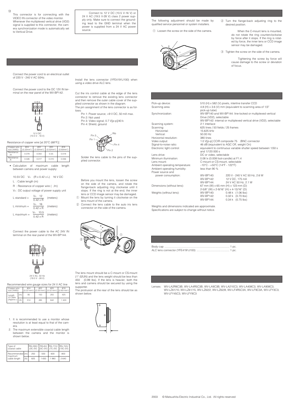 Connections, Focus or flange-back adjustment, Specifications | Standard accessories, Optional accessories, Specifications standard accessories, Matsushita electric industrial co., ltd, Installation of auto iris lens connector, Caution for mounting the lens, Mounting the lens | Panasonic WV-BP144 User Manual | Page 2 / 2