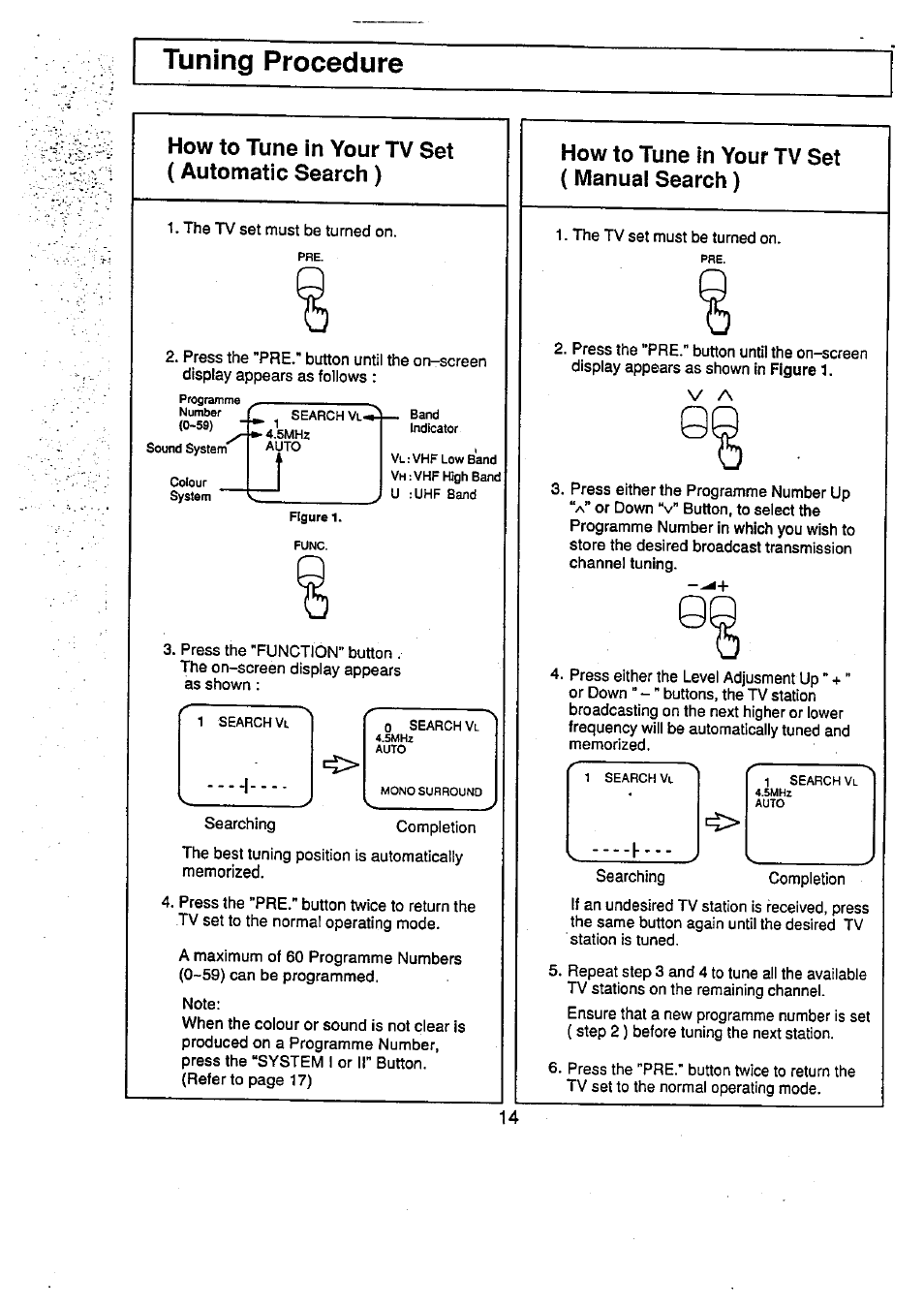 Tuning procedure, How to tune in your tv set (automatic search), How to tune in your tv set ( manuai search ) | Panasonic TC-29V50R User Manual | Page 14 / 28