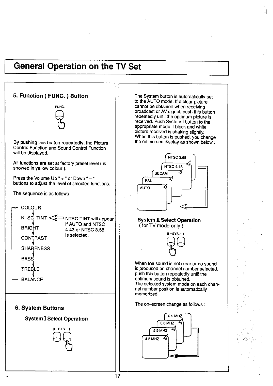 General operation on the tv set, Function ( func.) button, System buttons | System 1 select operation, System n select operation | Panasonic TC-29V50R User Manual | Page 17 / 28