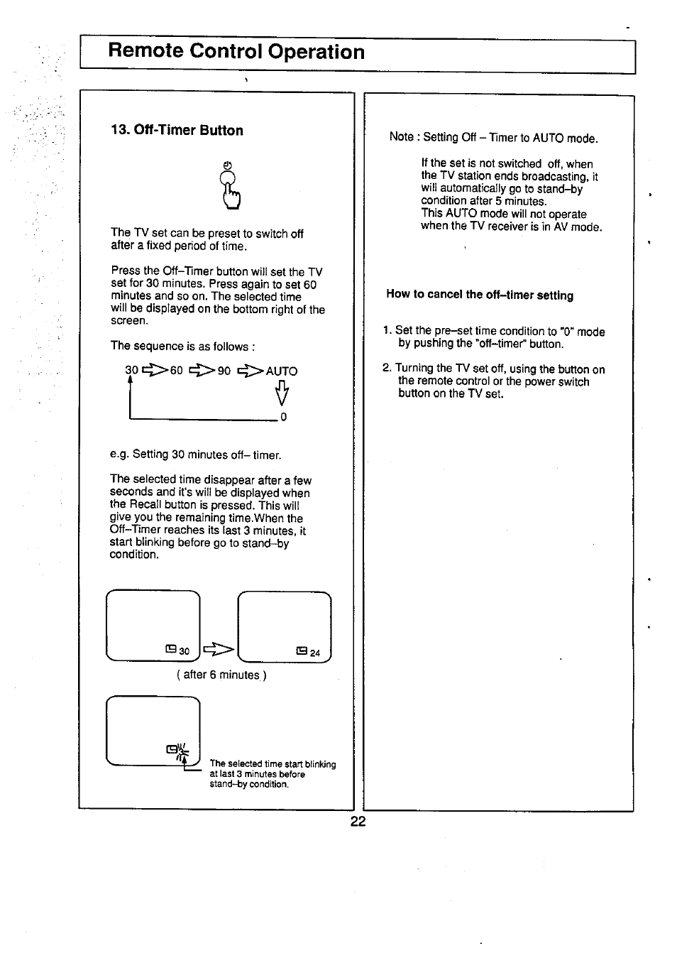 Remote control operation, Off-timer button, How to cancel the off-timer setting | Panasonic TC-29V50R User Manual | Page 22 / 28