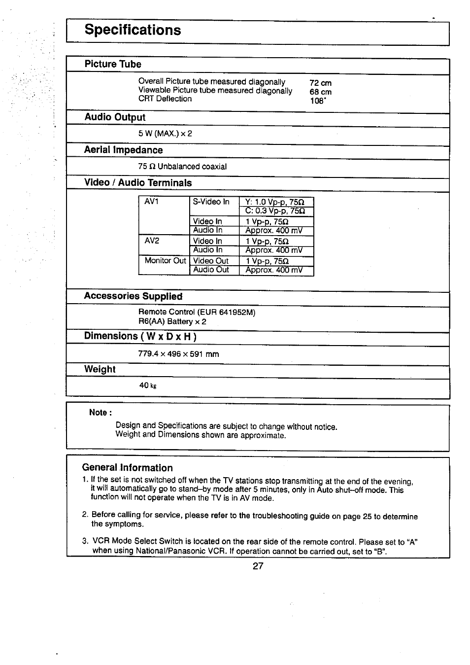 Specifications, Picture tube, Audio output | Aerial impedance, Video / audio termináis, Accessories supplied, Dimensions (w x d x h ), Weight, Generai information, General information | Panasonic TC-29V50R User Manual | Page 27 / 28